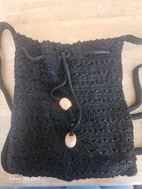 Handmade Black Crochet Drawstring Shoulder Bag
